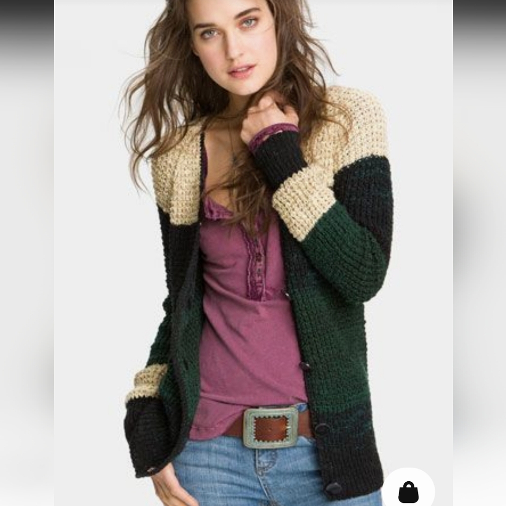 Free People Black and Green Colorblock Cardigan